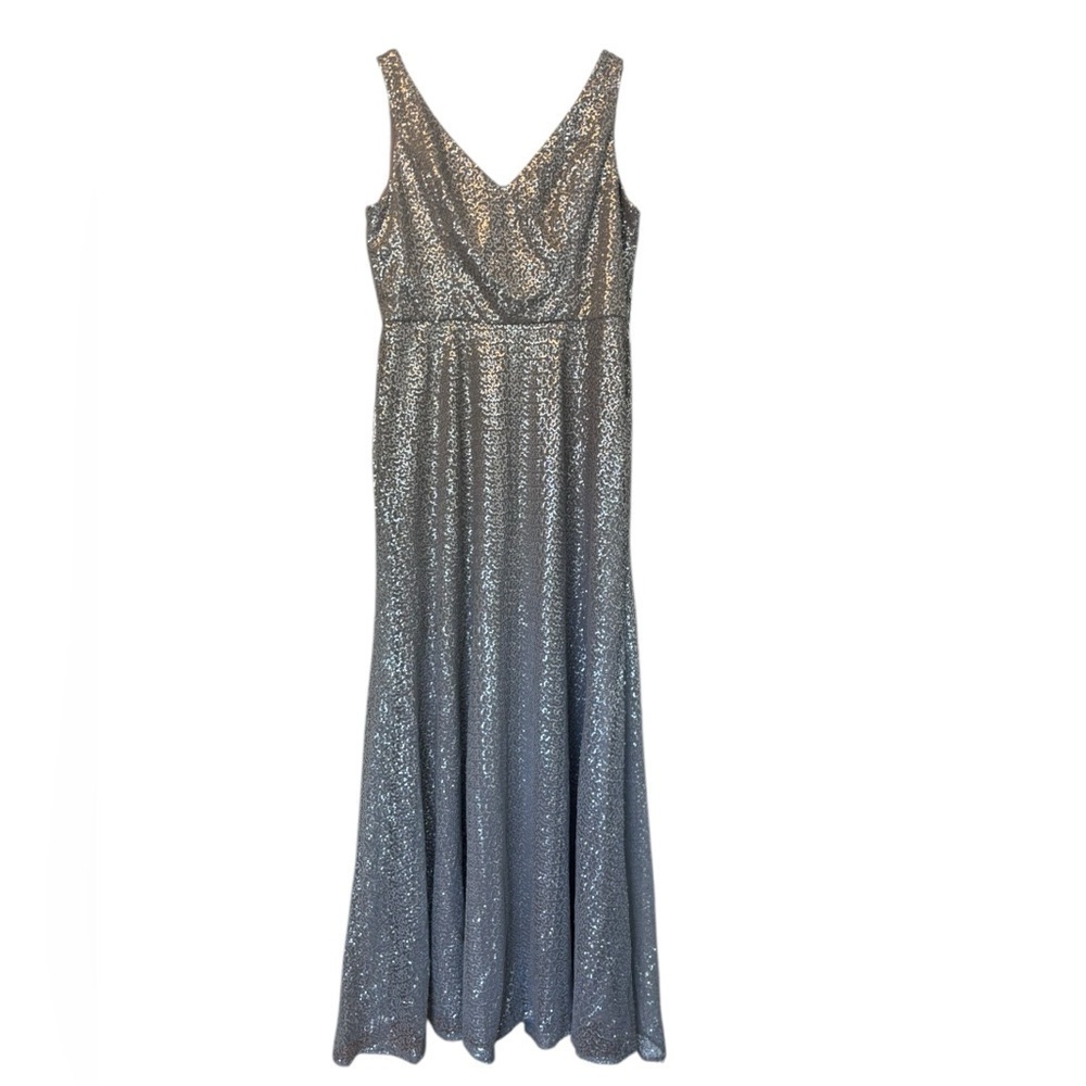 Mori Lee Silver Sequin V-Neck Maxi Gown